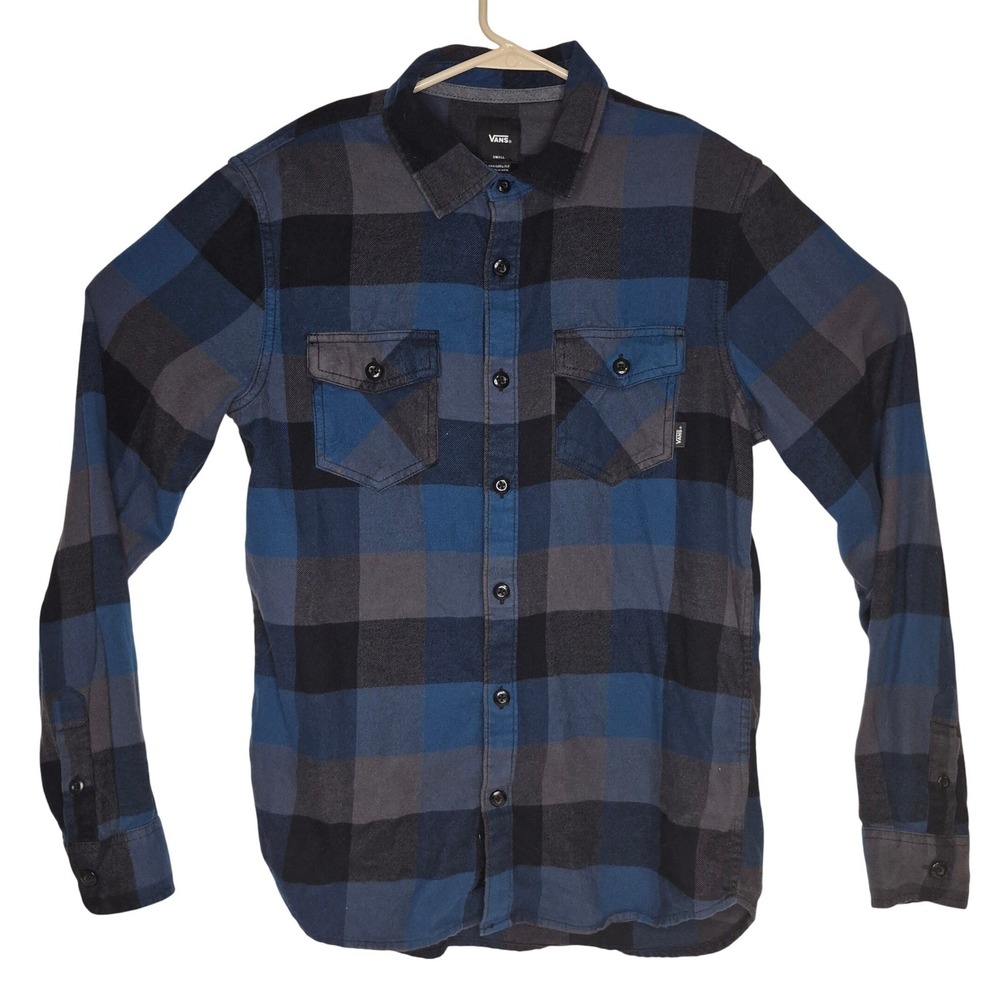 Vans Flannel Shirt Mens Small Blue Grey Black Plaid Tailored Fit Workshirt Skate - Picture 2 of 10